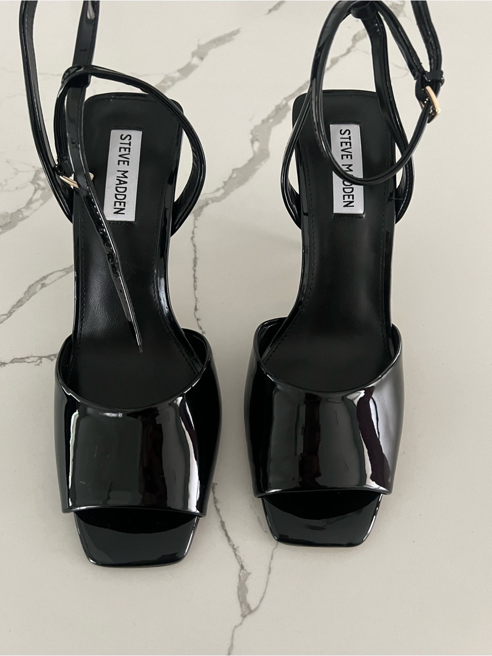 Steve Madden Leesha Black Patent Ankle-Strap  Heel Sandals